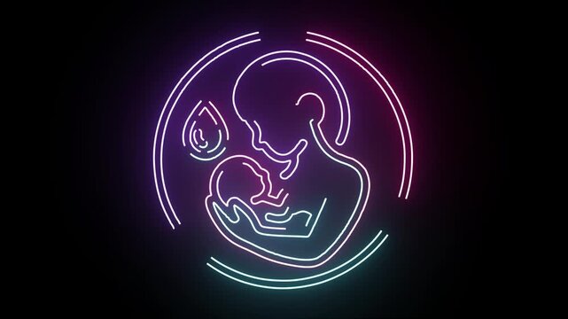 Neon Light Illustration of Mother Nursing Newborn Baby with Soft Glow and Liquid Drop Symbol for Maternity Healthcare Clinic Promotion and Support