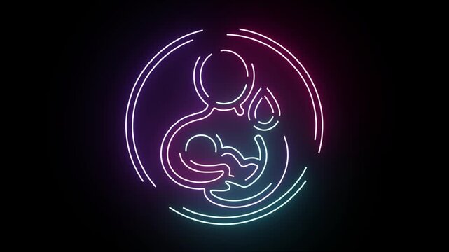 Neon Breastfeeding Icon Glowing Animation Representing Maternal Care and Infant Health with Pulsing Light Effects on a Deep Dark Textured Background