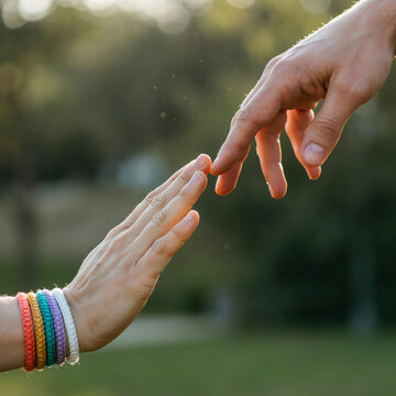 Human hands reaching towards each other with rainbow bracelets, reaching out