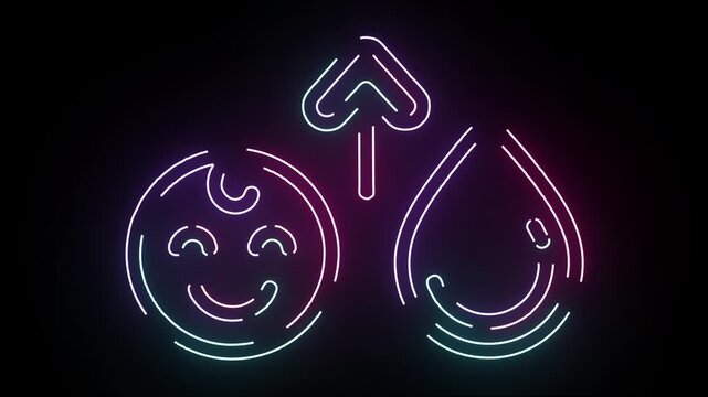 Abstract Neon Glowing Symbol Featuring A Smiling Face Icon And A Droplet Shape With An Upward Pointing Arrow Rendered In Vibrant Cyberpunk Light