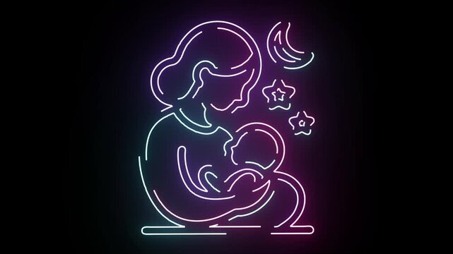 Neon Line Art Mother Nursing Newborn Baby Animation with Glowing Crescent Moon and Floating Stars on Deep Black Background for Modern Parenting Decor