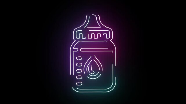 Neon baby bottle sign pulsing with vibrant glowing colorful light lines isolated on a dark black background featuring a rhythmic feed animation cycle