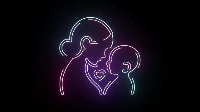 Neon Mother and Child Silhouette Graphic Animation Glowing Heart Symbol Bright Light Outline on Black Background Modern Minimalist Art Concept