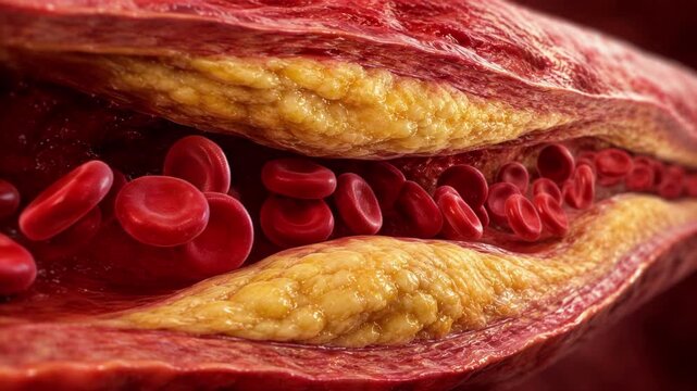 Blocked artery cholesterol plaque restricting red blood cells flow, dangerous atherosclerosis medical disease and cardiovascular heart risk concept, microscopic 3D animation. fat accumulation. vessels