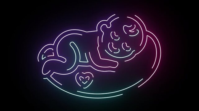Neon Line Art Animation Featuring A Cute Sleeping Baby In A Glowing Circle Frame With A Heart Icon In A Vibrant Multicolor Aesthetic Style Background