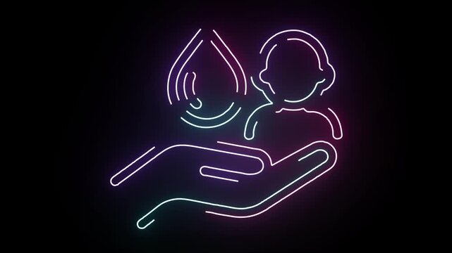 Neon Line Art Animation Showing Human Hand Holding A Water Drop Symbol In A Glowing Gradient Outline Style Against A Dark Solid Black Background Backd
