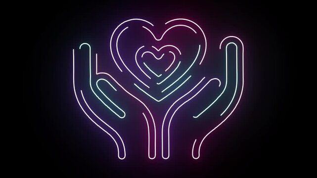 Abstract Neon Hands Holding A Glowing Heart Symbolizing Care Love And Support Isolated On A Deep Black Background With Vibrant Multi Colored Light Lin