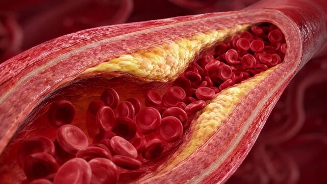 Blocked artery cholesterol plaque restricting red blood cells flow, dangerous atherosclerosis medical disease and cardiovascular heart risk concept, microscopic 3D animation. fat accumulation. vessels