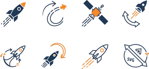 Rocket Launch Speed Trail Orbital Curved Arrow Solar Panel Satellite Rocket Trajectory Orbit Flying Rocket Spacecraft Curved Arrow Orbit Rocket Thrust SVG Vector Globe Icon Set © rofikgraph24
