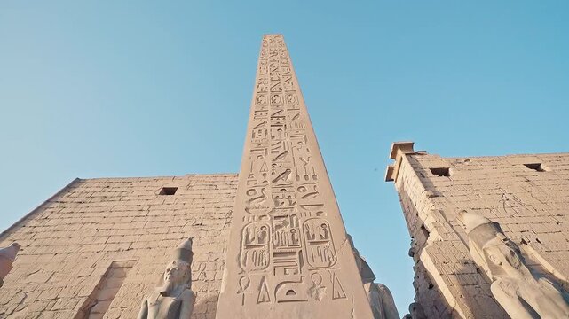 4k footage of Obelisk at the Luxor Temple in Egypt. Look of carved hieroglyphs. Big stone ancient obelisk in Egypt