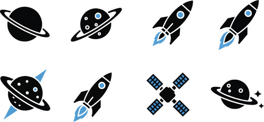 Ringed Planet Saturn Cratered Planet Saturn Rocket Launch Upward Rocket Launch Orbiting Planet Rocket Booster Solar Panel Satellite Ringed Planet Stars Vector Icon Set © rofikgraph24