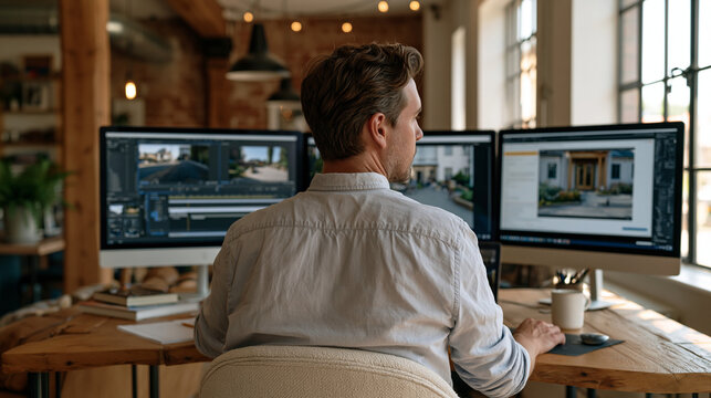 Video editor in an industrial loft workstation reviews green building certification footage across triple monitors, workflow progress bars showing edit timelines alongside energy