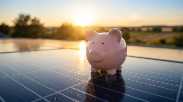 Pink piggy bank on solar panels during a beautiful sunset for renewable energy saving.