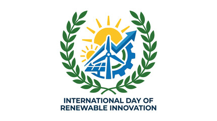 Renewable innovation badge with turbine and solar panel. © Jumakring