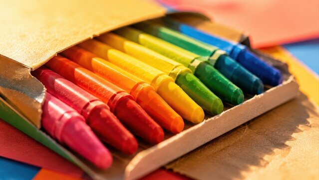 Rainbow Wax Crayons in Open Cardboard Box