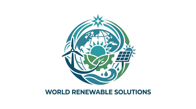 Renewable energy logo with wind turbines and solar panels.