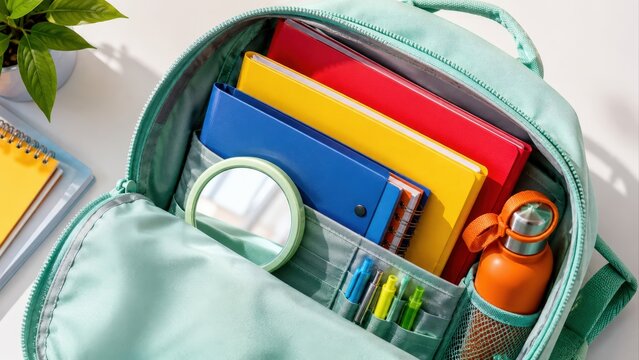 Open Mint Backpack Packed with Colorful School Essentials