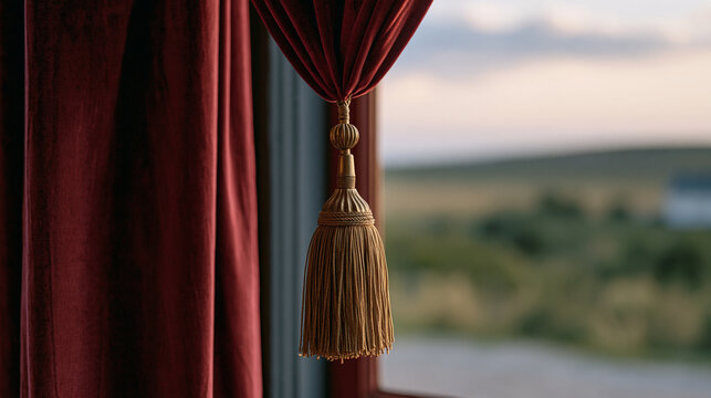 A single velvet theater curtain tassel hanging in focus against a blurred rural twilight landscape outside a vintage playhouse window, aged gold fringe detailed, theatrical