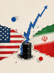 Plakat United States and Iran geopolitical conflict collage featuring oil and torn flags symbolizing Middle East energy crisis and political tension
