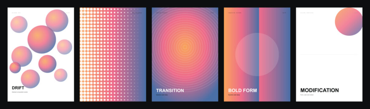 Abstract gradient poster set with geometric shapes, modern colorful vector backgrounds, vibrant orange and purple minimalist cover designs
