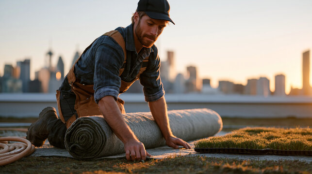 A green roofer installs rolled vegetation substrate across a commercial building rooftop, kneeling beside flats of sedge plugs with the city skyline rising beyond a low parapet
