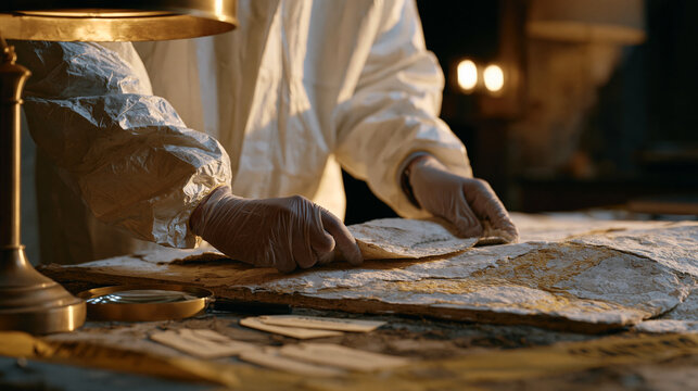 Fraud investigator's gloved hands under warm lamplight carefully peeling back asbestos ceiling tiles in a hazmat context, magnifying glass and evidence tags arranged methodically