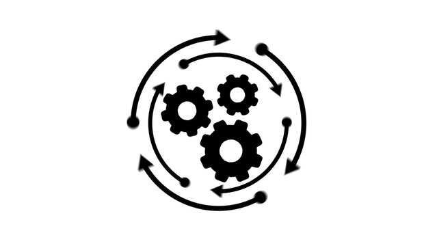 Circular arrangement of gears and arrows black silhouette on a white background cogwheels toothed wheels
