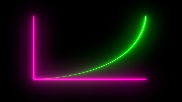 Neon graph with exponential curve on black background glowing pink and green lines chart growth