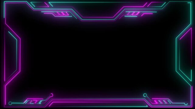 Neon frame transitions with glowing turquoise and magenta lines horizontal video sequence border