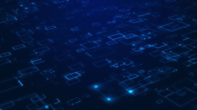 Glowing tech grid network visual blue square paths, floating nodes, and abstract digital floor depth. for data transfer clips, network intros, cyber themes, and animated technology backgrounds.