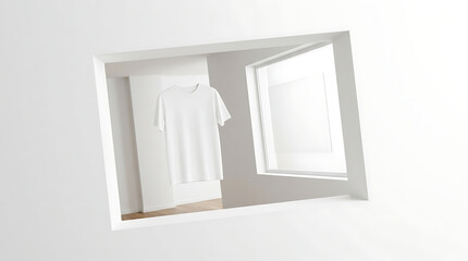 Obraz premium Clean White T-Shirt Displayed in a Modern Retail Window Mockup with Minimalist Design and Natural Light Accents