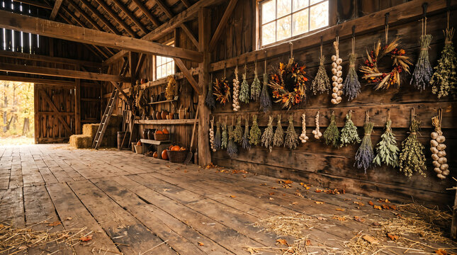 rustic wooden barn interior with hanging bundles of dried herbs lavender garlic braids and autumn wreaths on wooden wall