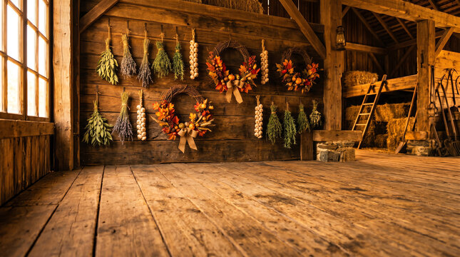 rustic wooden barn interior with wooden floor hanging bundles of dried herbs lavender garlic braids and autumn wreaths with copy space