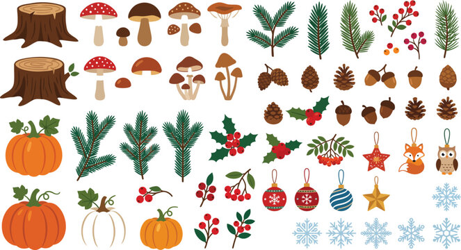 Festive thanksgiving clipart collection with autumn leaves pumpkins and cornucopias in a colorful style