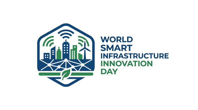 Smart infrastructure day icon with city and network hexagons.