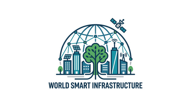 Smart infrastructure icon with city, tree, and globe.
