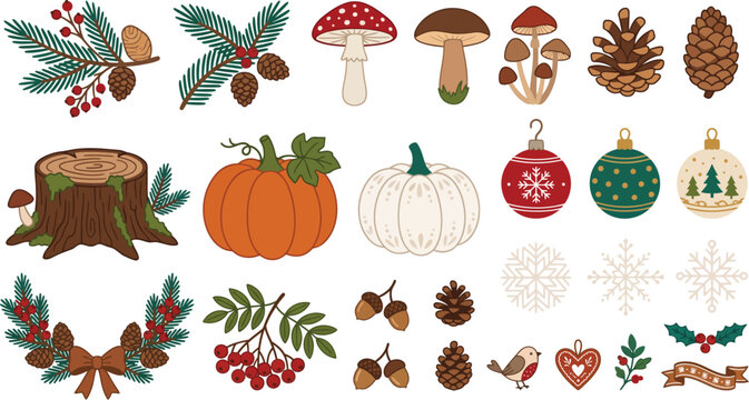 Festive thanksgiving clipart collection with autumn leaves pumpkins and cornucopias vector illustration