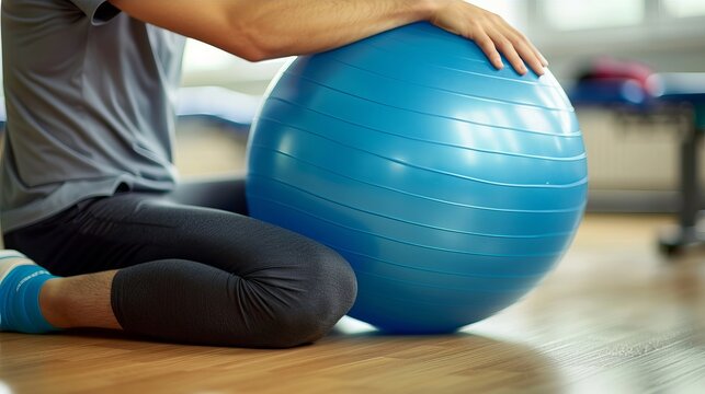 Physical therapist assists patient with rehabilitation exercise using a blue stability ball