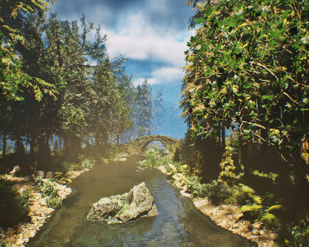 Old stone bridge over river in dense misty fir tree forest. 3D render.