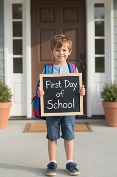 young boy holding first day of school sign on porch, excited for new academic year