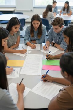 diverse group of college students collaborating on assignment in modern classroom setting