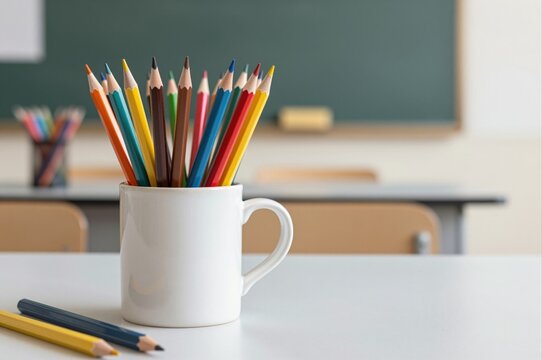 colorful pencils in white mug on classroom desk with blurry chalkboard in background