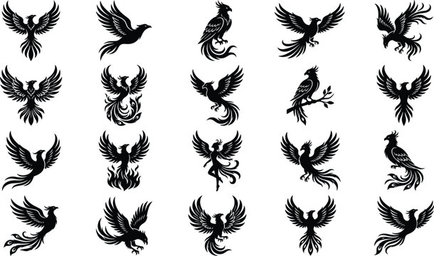 Phoenix bird silhouette vector icons set with mythical firebird and flying creature designs
