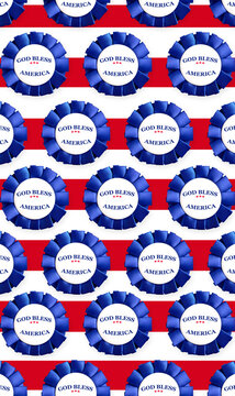 Blue ribbons displaying god bless america against red and white stripes creating a pattern
