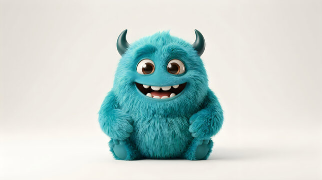 Cute little fuzzy blue monster character with horns smiling on white background