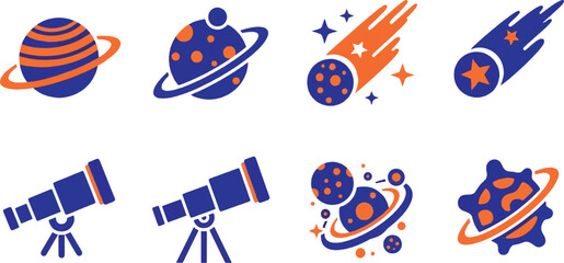Saturn Ringed Planet Cratered Moon Meteor Comet Shooting Star Astronomy Telescope Planetary Orbit Asteroid Vector Icon Set © rofikgraph24