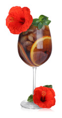 Cocktail in glass and hibiscus flowers isolated on white © New Africa