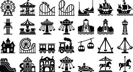 Fototapeta premium Amusement Park Rides Icons Vector Set, Theme Park Attractions Silhouette Collection