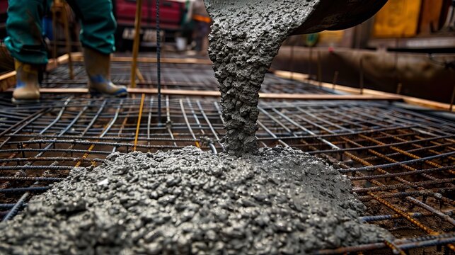 Construction worker pours concrete from mixer onto rebar mesh grid in rubber boots on site