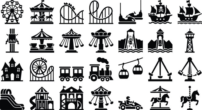 Amusement Park Rides Icons Vector Set, Theme Park Attractions Silhouette Collection